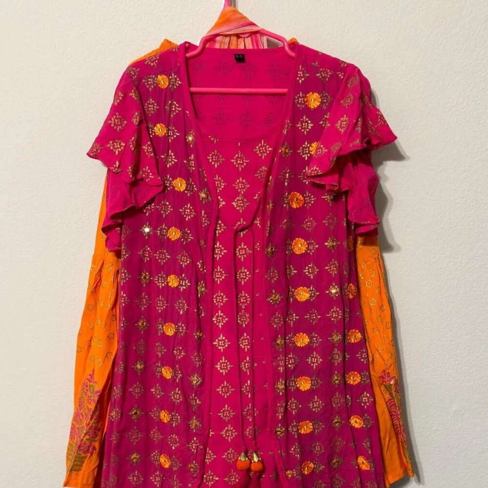 Girls Traditional Wear Top, Sharara Skirt & Dupatta Pink Orange Gold Work Size 4